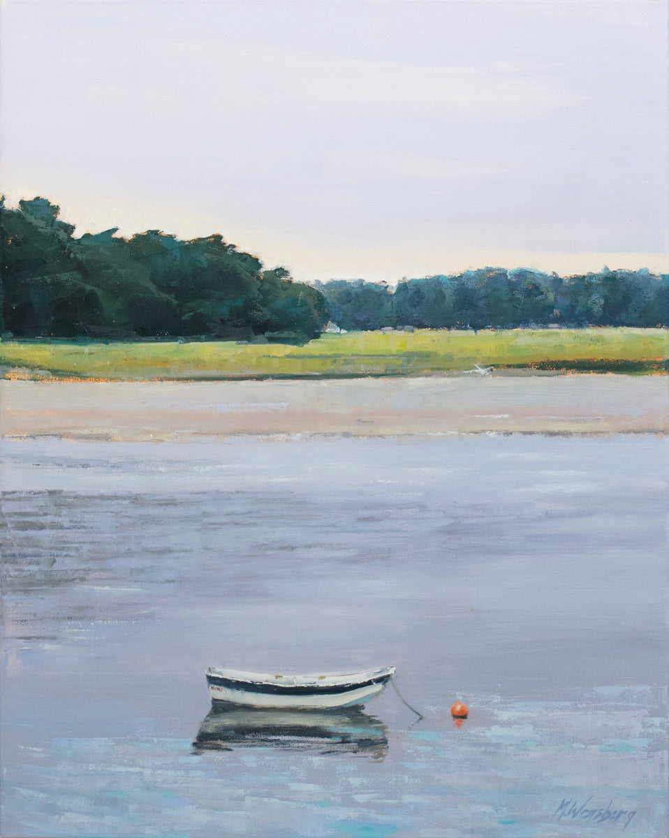 A light green and lavender seascape painting with a small boat in the foreground.