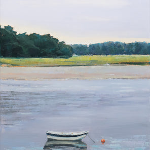 A light green and lavender seascape painting with a small boat in the foreground.