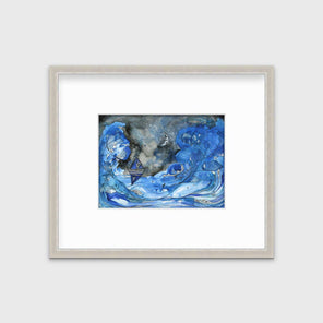 A black, blue and white seascape illustration print framed in a silver frame with a mat hangs on a white wall.