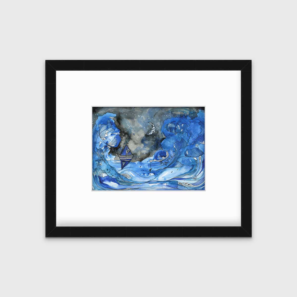 A black, blue and white seascape illustration print framed in a black frame with a mat hangs on a white wall.