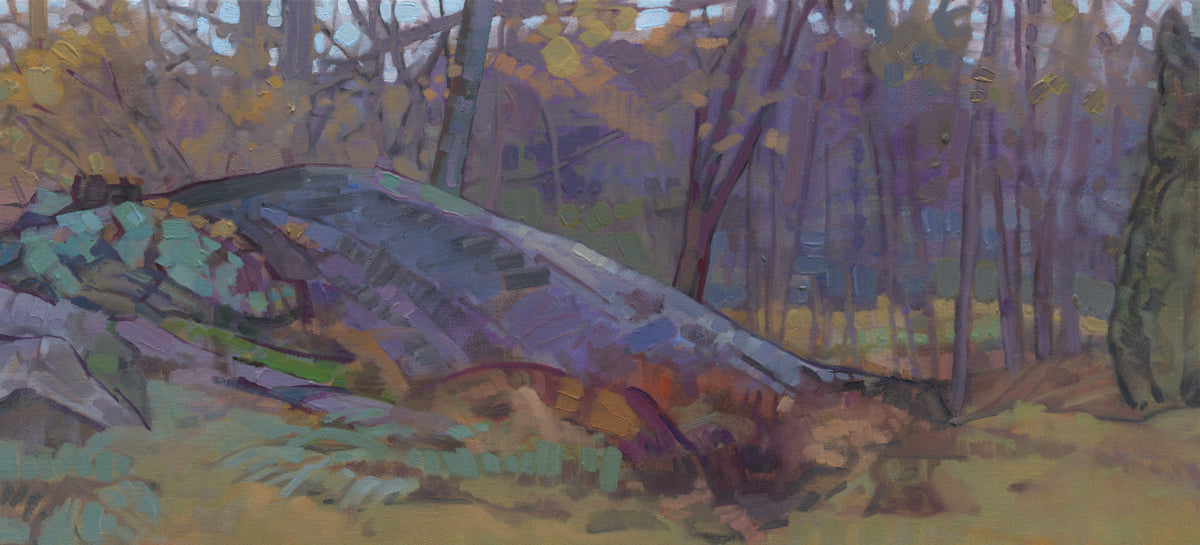 A muted multicolored abstract landscape print by John Harris.