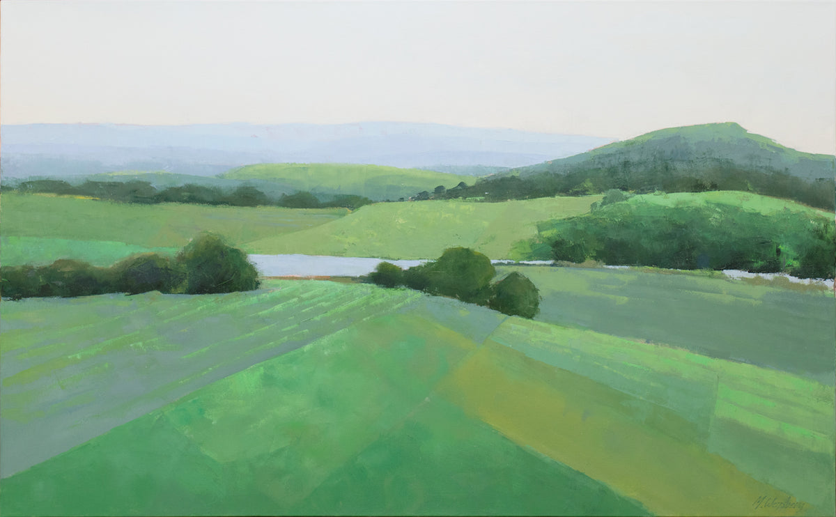 A green landscape painting by Molly Doe Wensberg. 