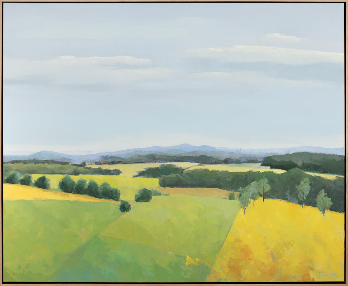 A framed blue and yellow landscape painting of a field.