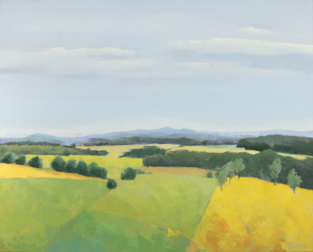 A blue and yellow landscape painting of a field by Molly Doe Wensberg. 