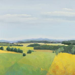 A blue and yellow landscape painting of a field by Molly Doe Wensberg. 