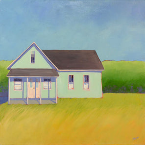 A green and blue landscape painting of a house in a rural setting by Carol Young. 