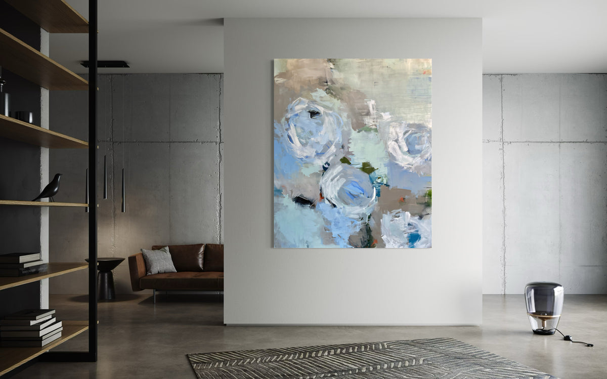 Abstract floral painting on a wall in a modern living room