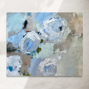 Abstract painting with blue, white, and gray colors on a light gray background