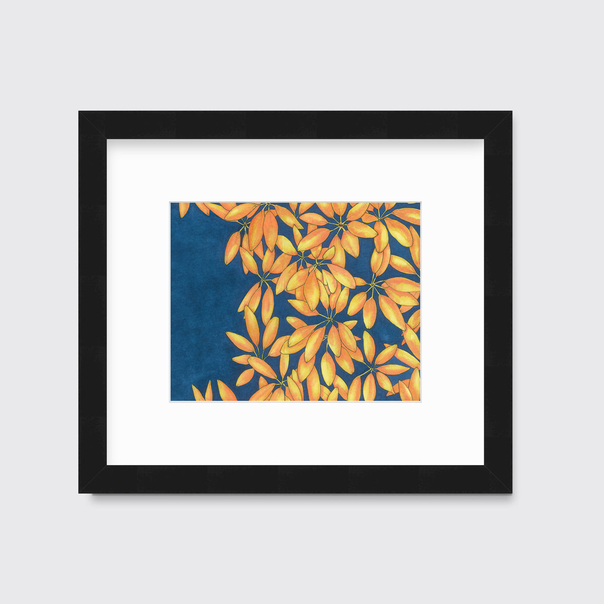 A blue, yellow and orange plant print in a black frame with a mat hangs on a white wall.