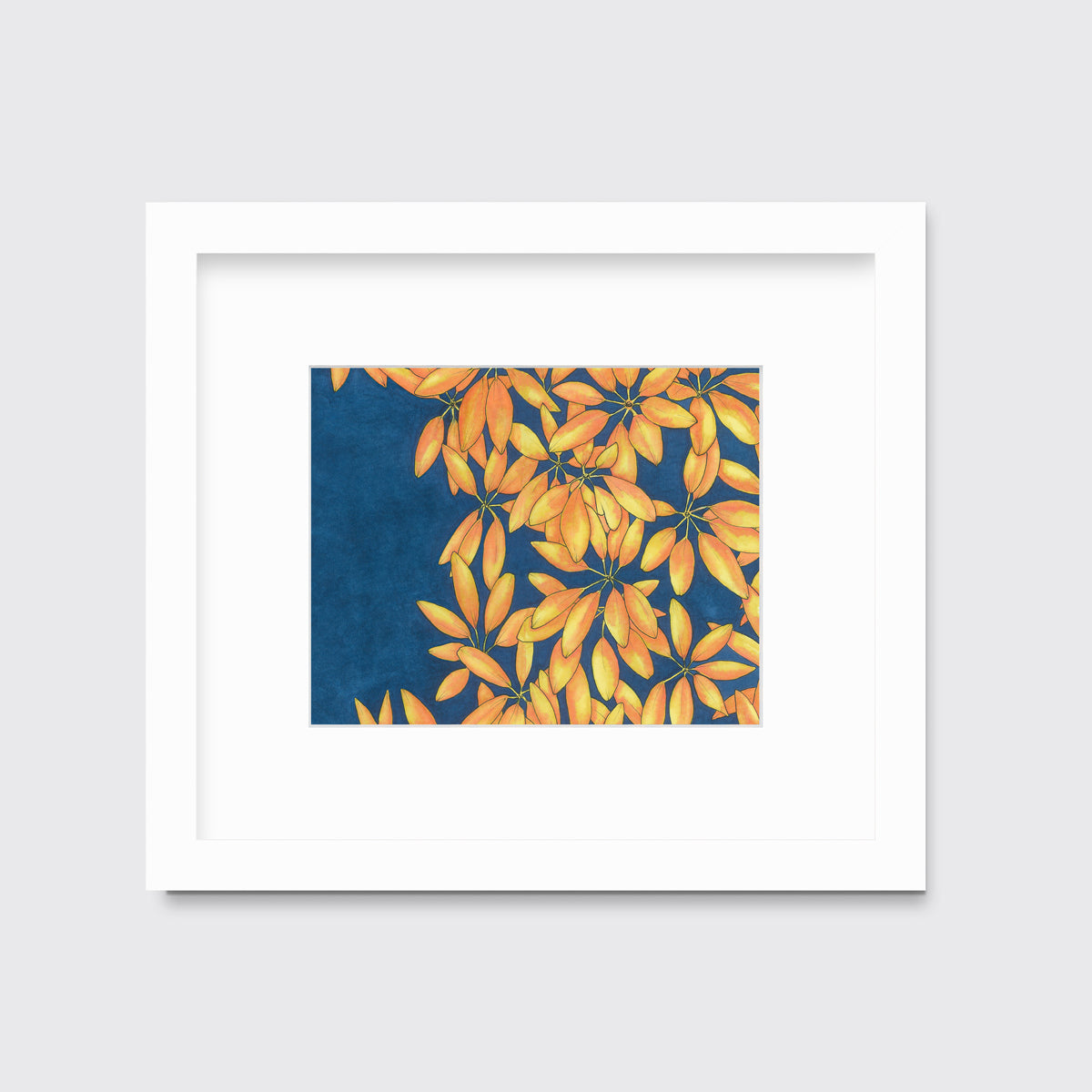 A blue, yellow and orange plant print in a white frame with a mat hangs on a white wall.