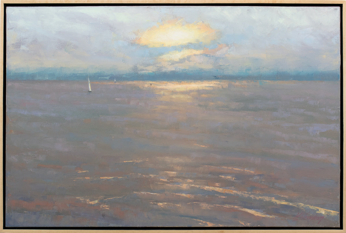 A lavender, orange, yellow and light blue coastal seascape painting by Molly Doe Wensberg in a light wood floater frame.