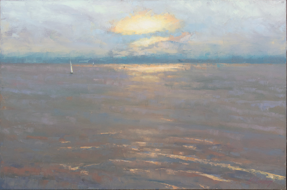 A lavender, orange, yellow and light blue coastal seascape painting by Molly Doe Wensberg.