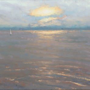 A lavender, orange, yellow and light blue coastal seascape painting by Molly Doe Wensberg.
