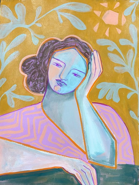 A yellow-gold and pink abstracted figure painting by Juniper Briggs. 