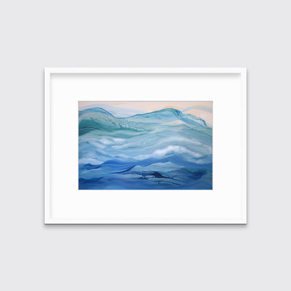A blue, teal and light orange abstract print in a white frame with a mat hangs on a white wall.