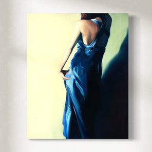 Painting of a woman in a blue dress against a light yellow background
