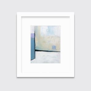 A white, black, blue and chartreuse abstract print in a white frame with a mat hangs on a white wall.