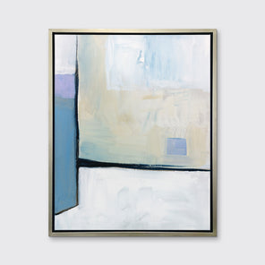 A white, black, blue and chartreuse abstract print in a silver floater frame hangs on a white wall.