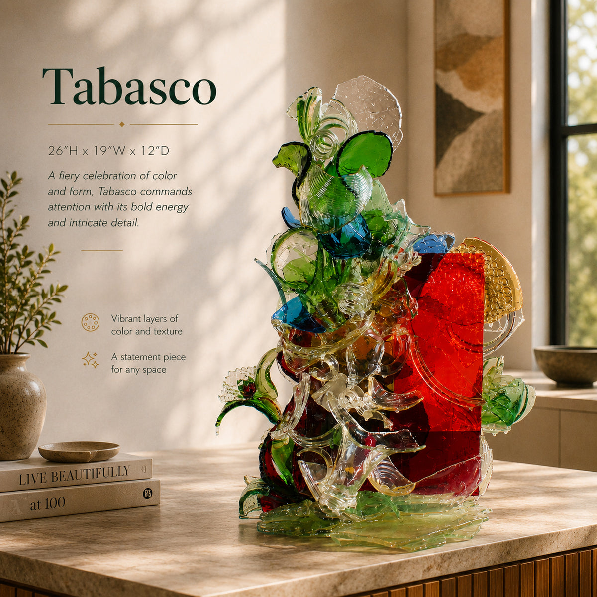 Colorful glass sculpture with branding on a table.