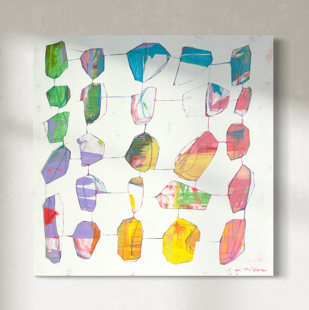 Original abstract painting on canvas featuring geometric shapes in various colors.