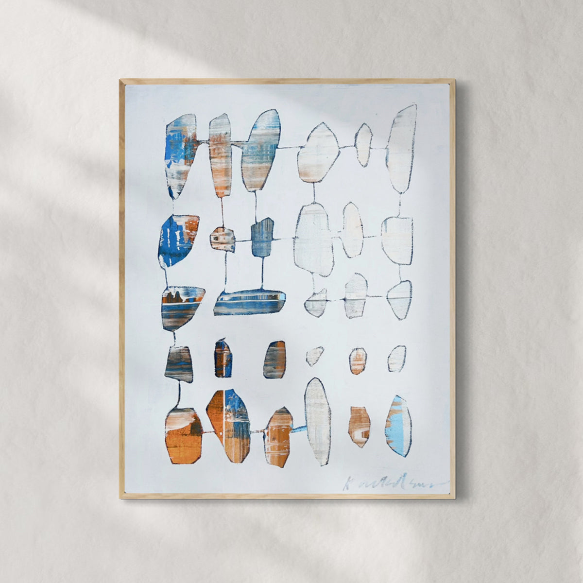 Abstract art print with geometric shapes in blue, orange, and beige on a light gray background.
