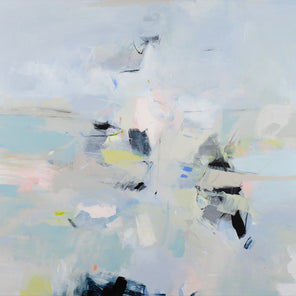 A light blue, pink, and black abstract painting by Kelly Rossetti. 