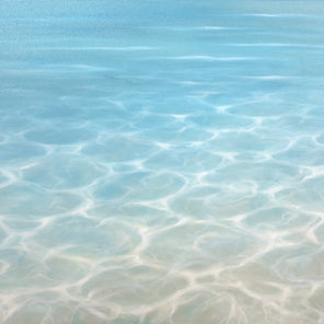 A light turquoise and white coastal painting of light glistening over the surface of water by Laura Browning.