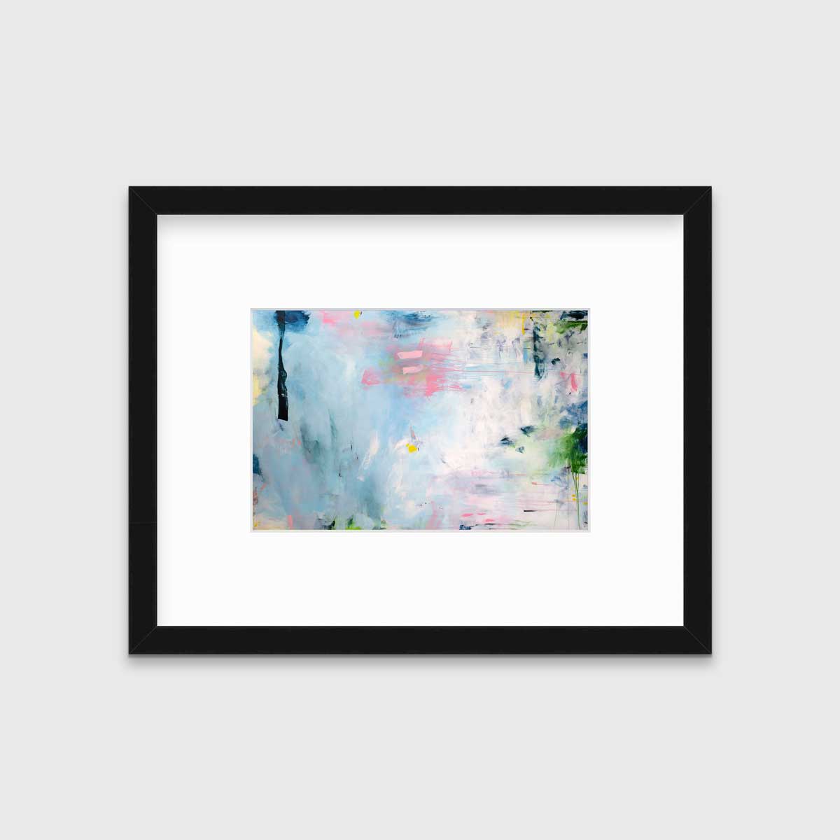 A blue abstract print by Kelly Rossetti in a black frame with a mat hangs on a white wall.