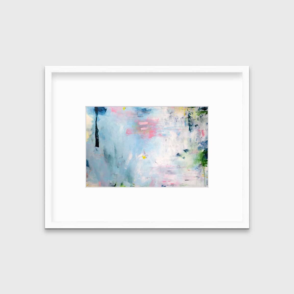 A blue abstract print by Kelly Rossetti in a white frame with a mat hangs on a white wall.
