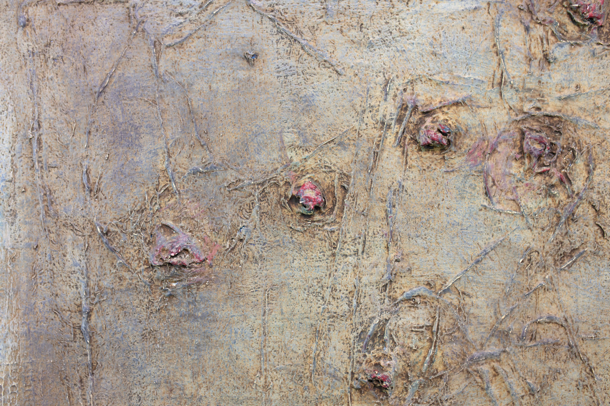 A close-up detailed view of the textured in an abstract painting by Stanley Bate. 
