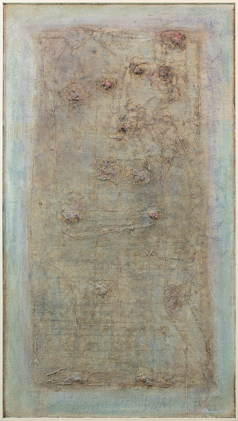 A framed green and brown abstract painting by Stanley Bate. 