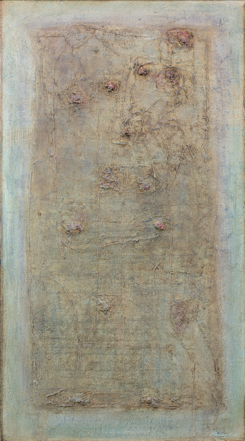 A textured green and brown abstract painting by Stanley Bate. 