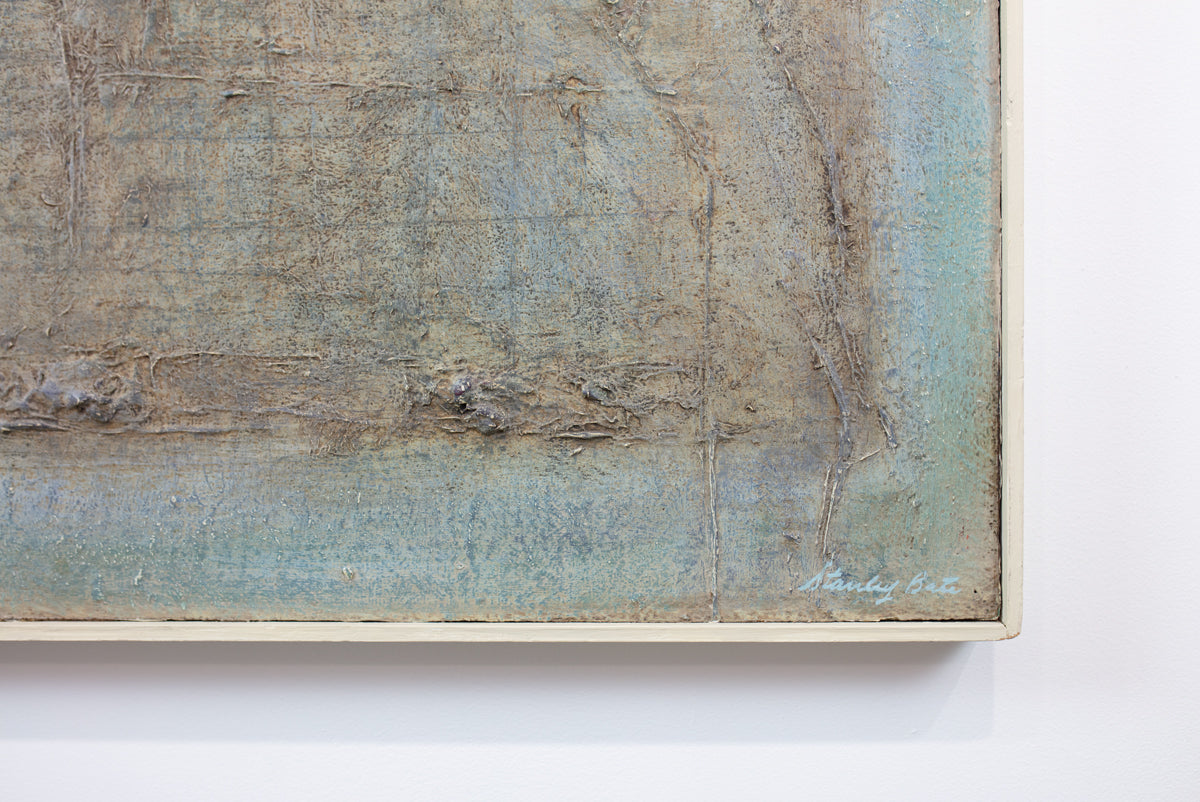 The bottom-right corner of a green and brown abstract painting by Stanley Bate, displaying the artist's signature. 