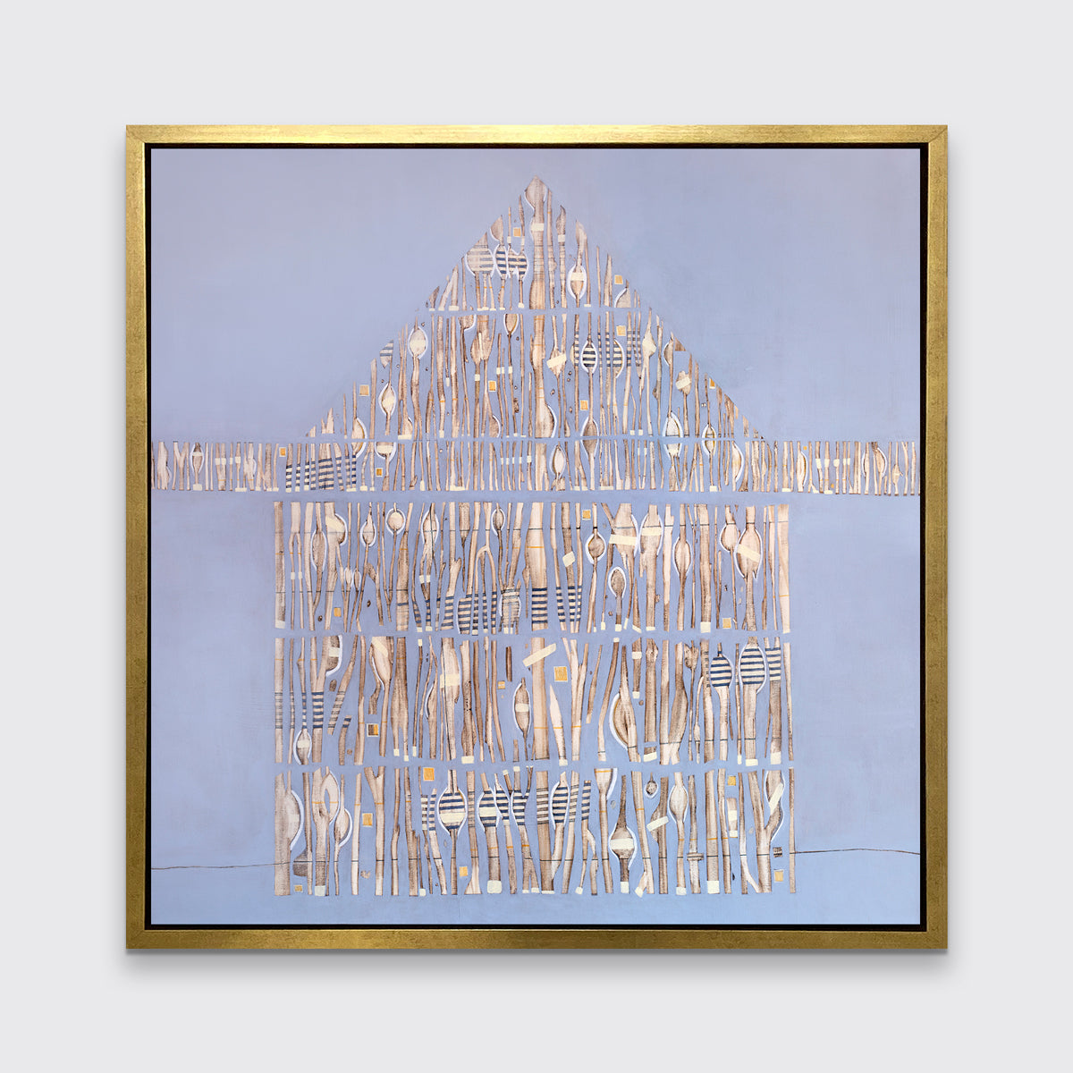 A lavender and beige abstract house print in a gold floater frame hangs on a white wall.