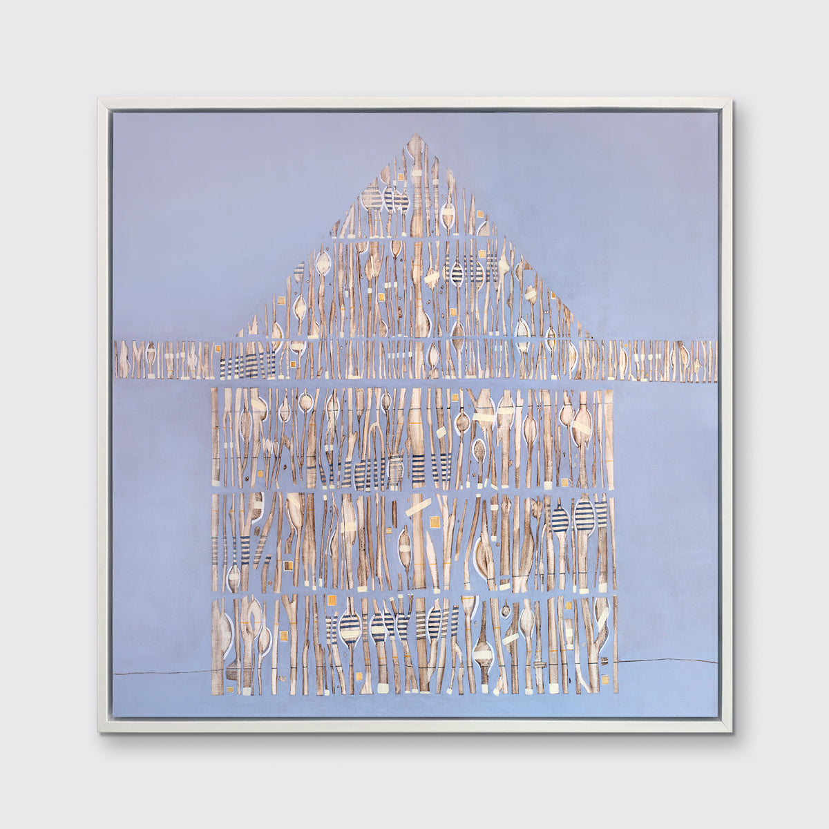 A lavender and beige abstract house print in a white floater frame hangs on a white wall.