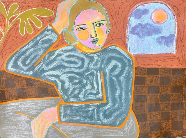 A yellow, orange, and grey abstracted figure painting of a woman who sits in front of an abstracted window. 