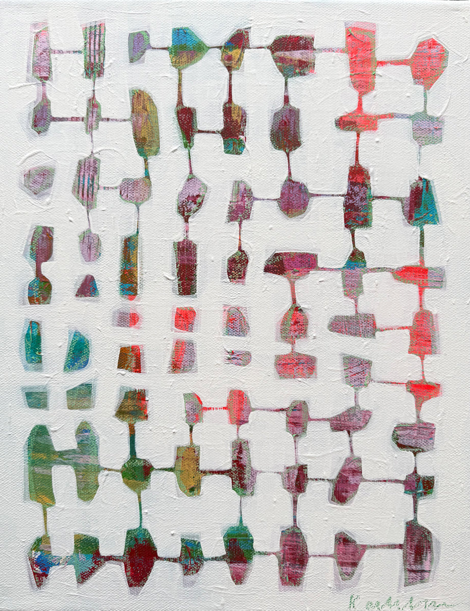 Abstract art piece with geometric shapes in red, green, and pink on a white background.
