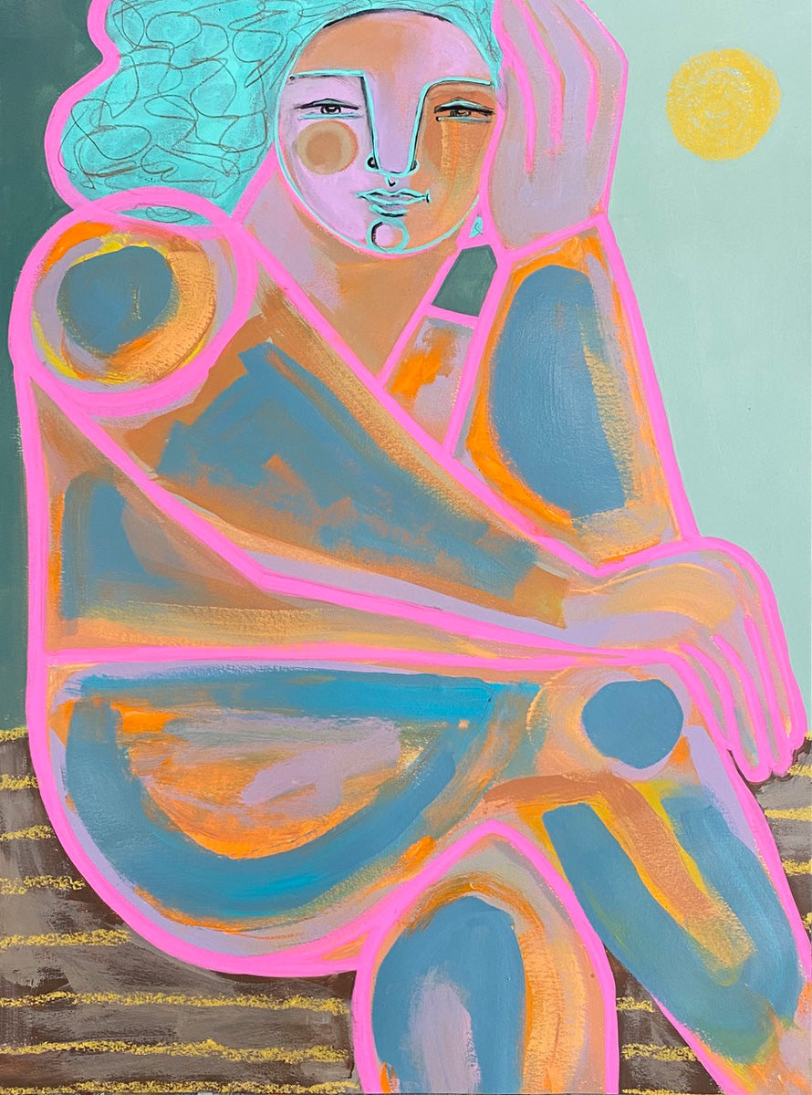 A pink, yellow, orange, and turquoise abstract painting of a woman. 