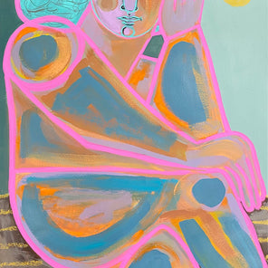A pink, yellow, orange, and turquoise abstract painting of a woman. 