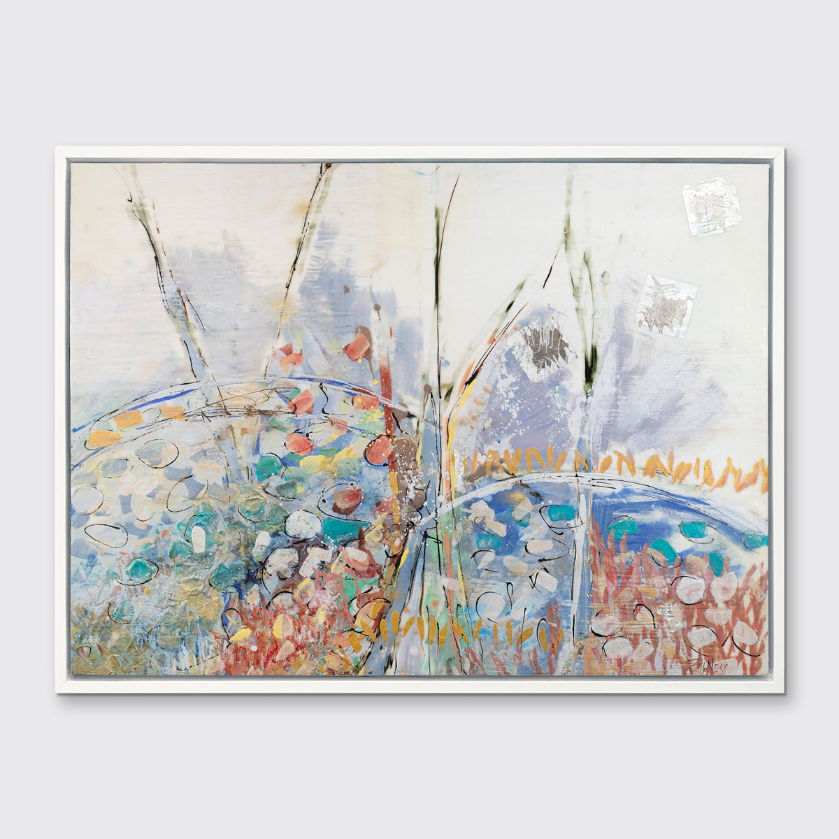 A multicolored abstract floral print in a white floater frame hangs on a white wall.