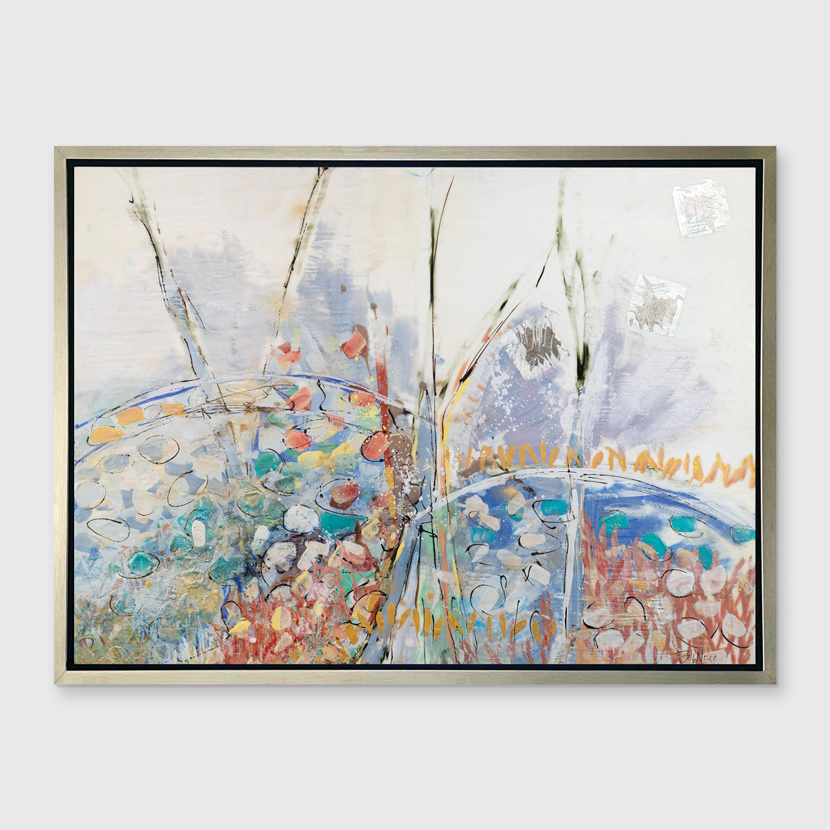 A multicolored abstract floral print in a silver floater frame hangs on a white wall.