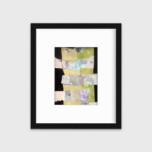 A green, black and beige abstract print by Christine Averill-Green in a black frame with a mat hangs on a white wall.