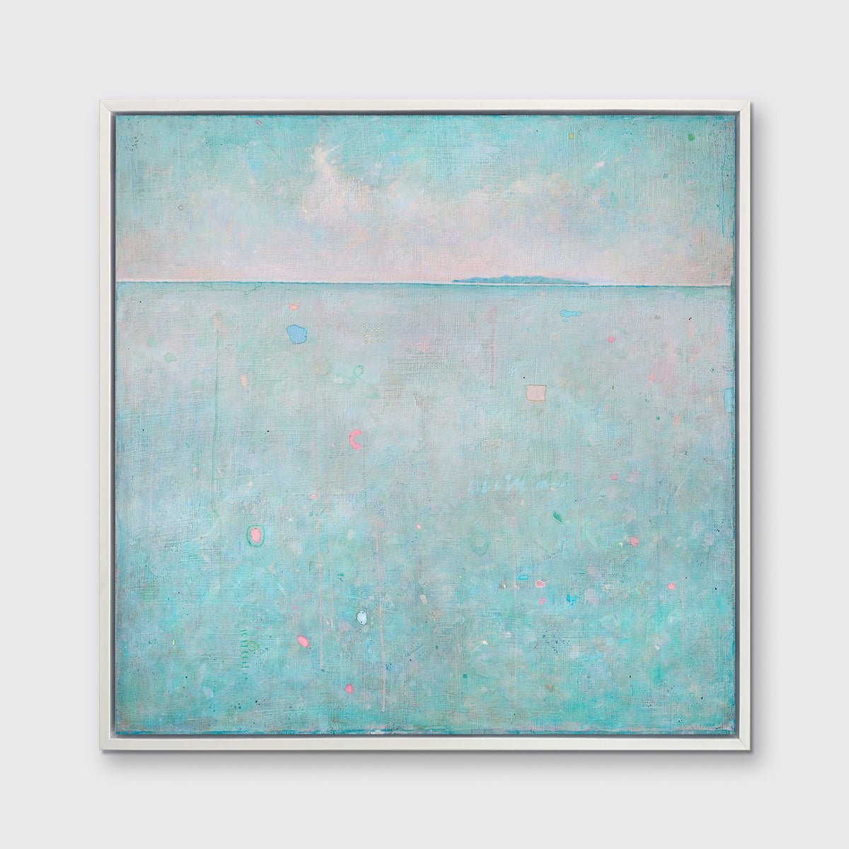 A light blue abstract landscape print in a white floater frame hangs on a white wall.