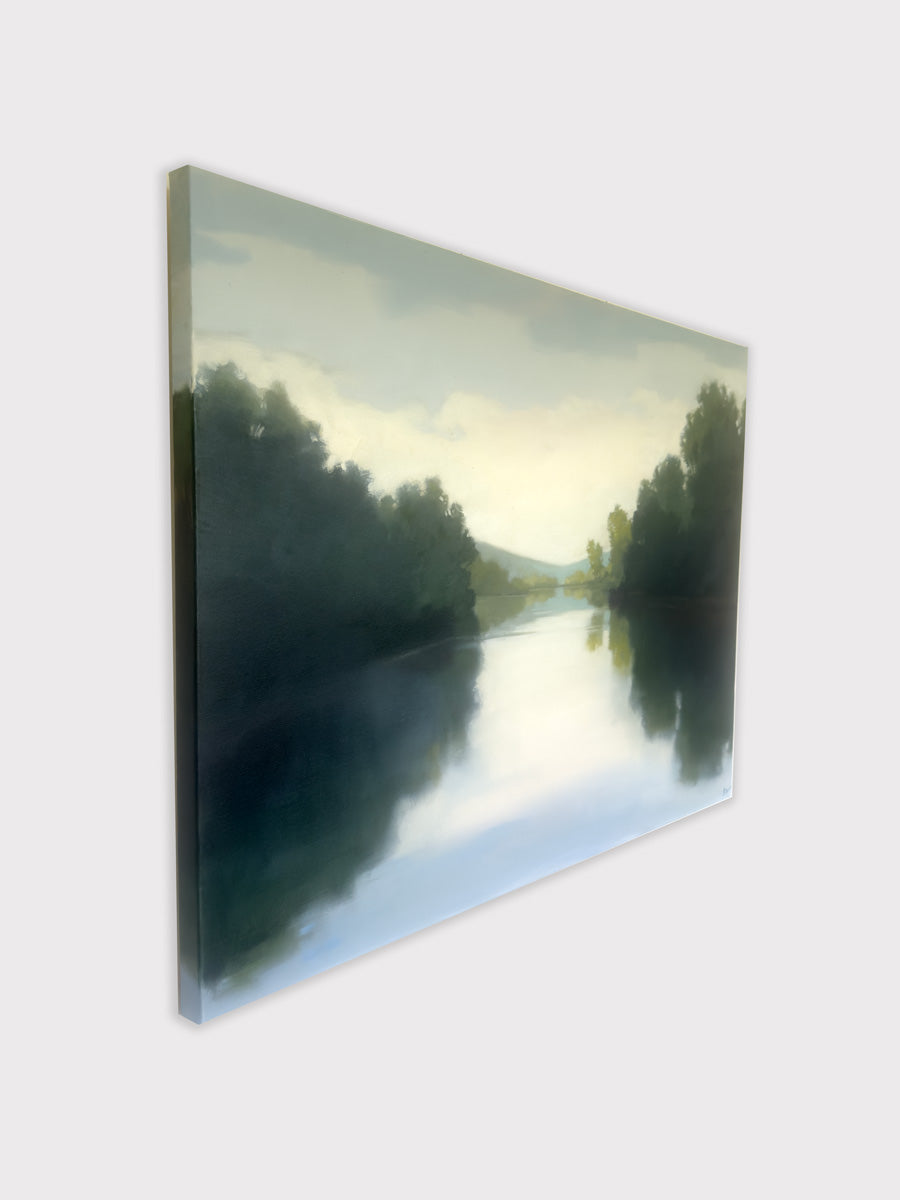Original painting, side view, of a reflective surface with a scenic reflection of trees and water hanging on a white wall.