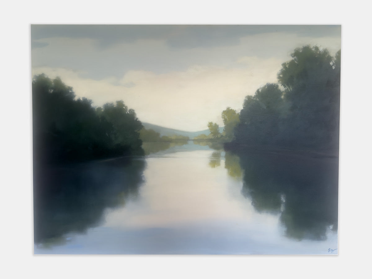Serene landscape painting with a river and trees on a cloudy day