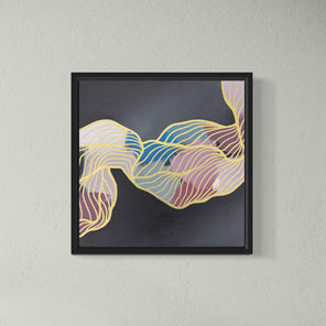 Framed abstract artwork with colorful wavy lines on a gray wall.