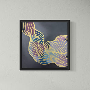 Framed abstract artwork with colorful wavy lines on a gray wall.
