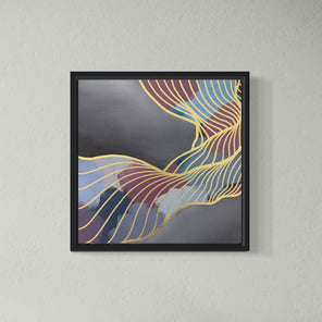 A framed abstract artwork with wavy lines in blue, gold, and purple on a gray background.