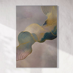 Abstract art piece with wavy lines on a textured wall