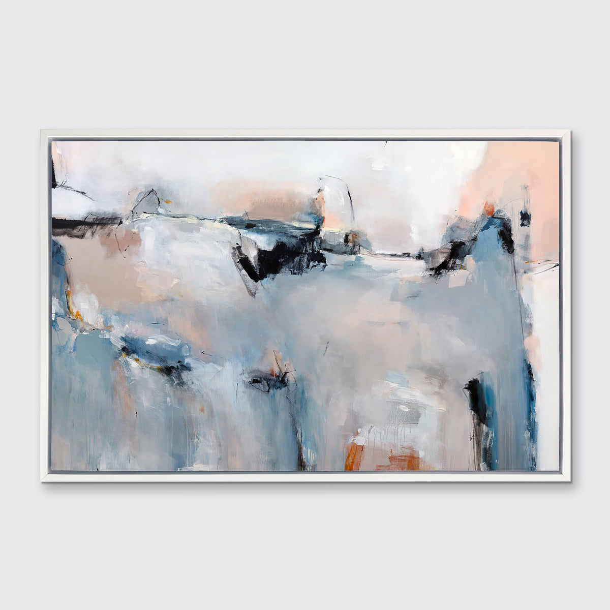 A blue, light pink and white abstract print in a white floater frame hangs on a white wall.